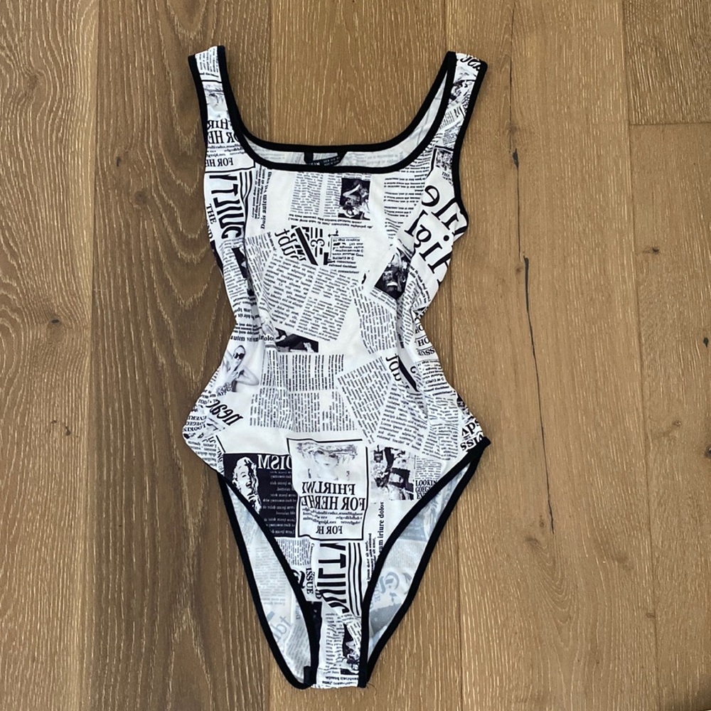 News Print Tank Top Bodysuit Black and White Body Suit